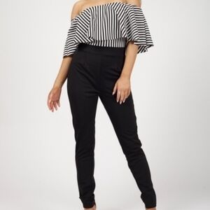 Stylewise Chic Black & White Striped Off-Shoulder Jumpsuit Sz 6